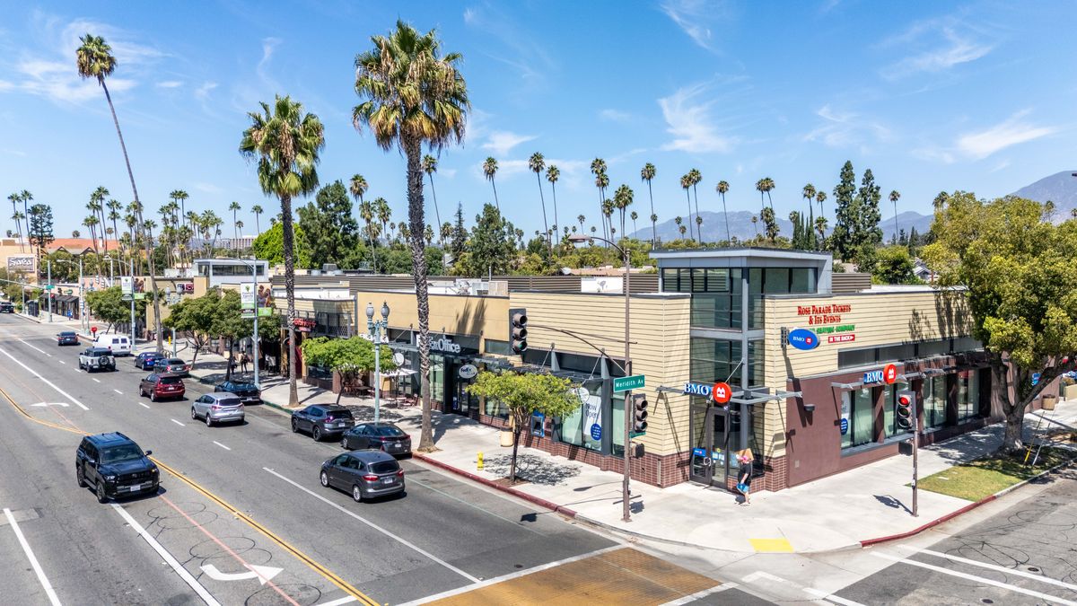 The east end of the main building at the corner of Colorado Boulevard and Meridith Avenue, with a BMO branch on the corner.
