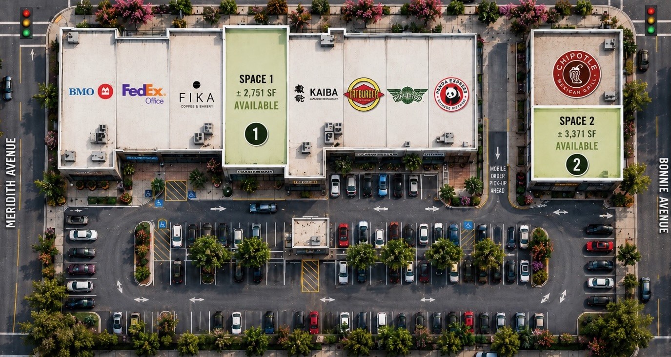 Illustrated site plan of Campus Village. A row of storefronts along Colorado Boulevard shows BMO, FedEx Office, FIKA Coffee & Bakery, Suite 1 at about 2,751 square feet, Kaiba, Fatburger, Wingstop, and Panda Express. A separate corner building at Bonnie Avenue shows Chipotle and Suite 2 at about 3,371 square feet. A surface parking lot fills the area behind both buildings.